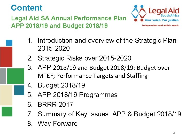 Content Legal Aid SA Annual Performance Plan APP 2018/19 and Budget 2018/19 1. Introduction