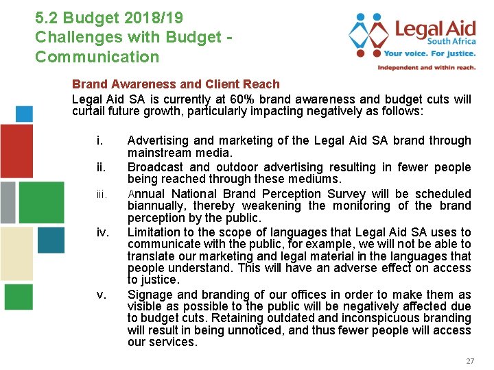 5. 2 Budget 2018/19 Challenges with Budget Communication Brand Awareness and Client Reach Legal