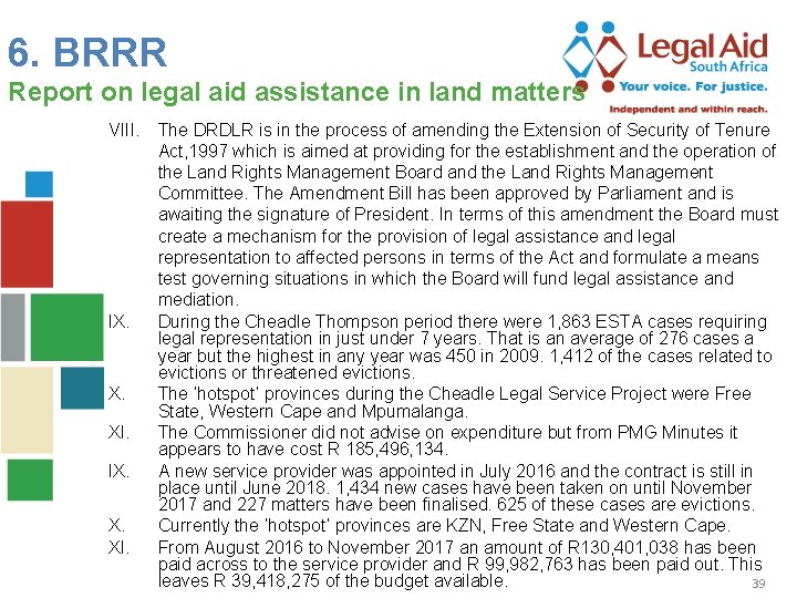 6. BRRR Report on legal aid assistance in land matters VIII. The DRDLR is