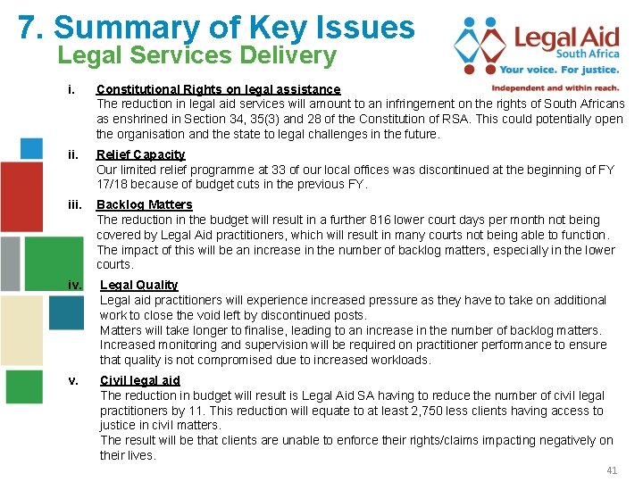 7. Summary of Key Issues Legal Services Delivery i. Constitutional Rights on legal assistance