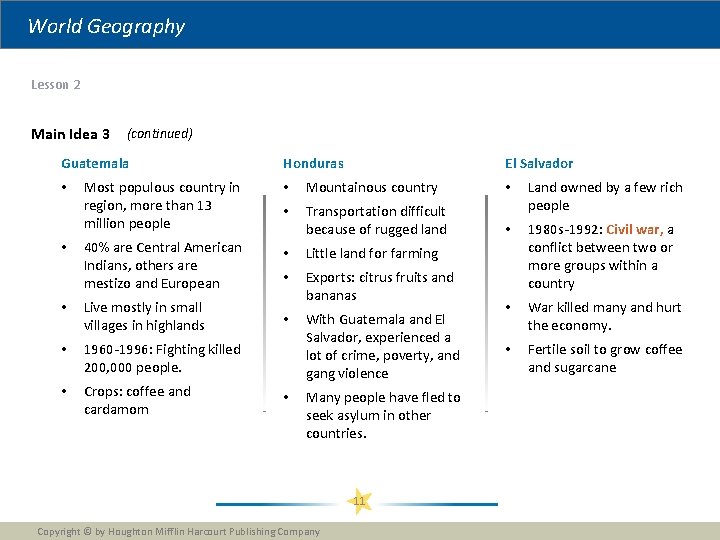 World Geography Lesson 2 Main Idea 3 (continued) Guatemala • • Honduras El Salvador