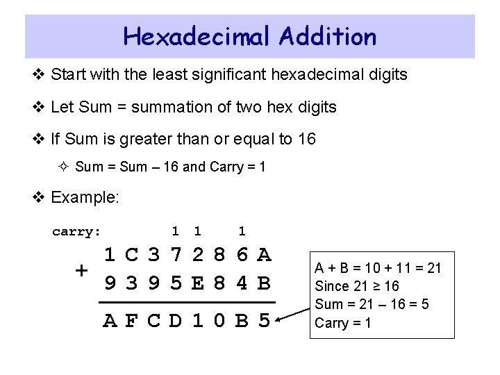 Hexadecimal Addition v Start with the least significant hexadecimal digits v Let Sum =