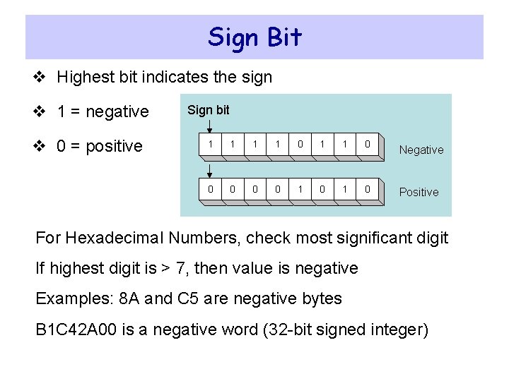 Sign Bit v Highest bit indicates the sign v 1 = negative v 0