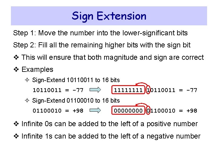 Sign Extension Step 1: Move the number into the lower-significant bits Step 2: Fill