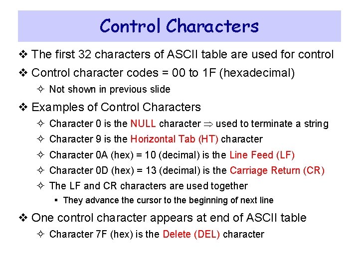 Control Characters v The first 32 characters of ASCII table are used for control