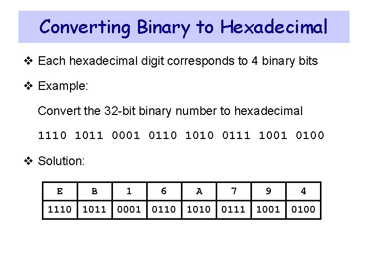 Converting Binary to Hexadecimal v Each hexadecimal digit corresponds to 4 binary bits v