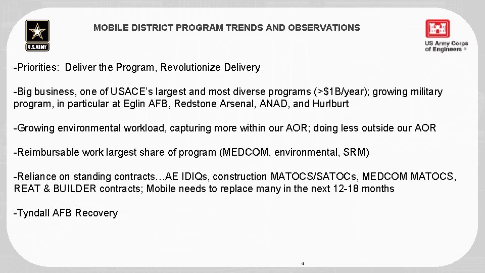 MOBILE DISTRICT PROGRAM TRENDS AND OBSERVATIONS -Priorities: Deliver the Program, Revolutionize Delivery -Big business,