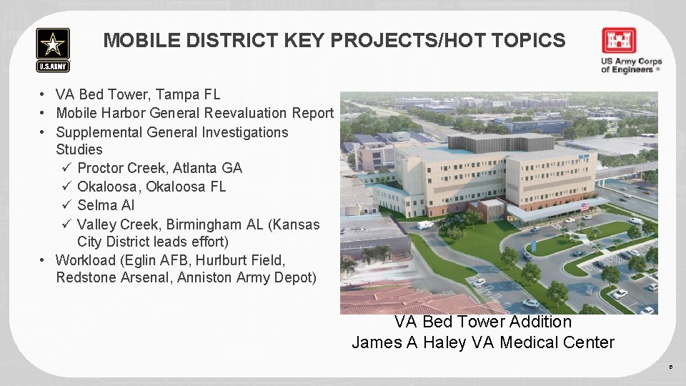 MOBILE DISTRICT KEY PROJECTS/HOT TOPICS • VA Bed Tower, Tampa FL • Mobile Harbor