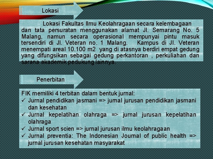 Lokasi Fakultas Ilmu Keolahragaan secara kelembagaan dan tata persuratan menggunakan alamat Jl. Semarang No.