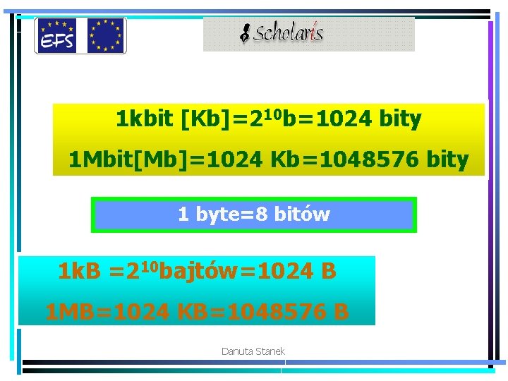 1 kbit [Kb]=210 b=1024 bity 1 Mbit[Mb]=1024 Kb=1048576 bity 1 byte=8 bitów 1 k.