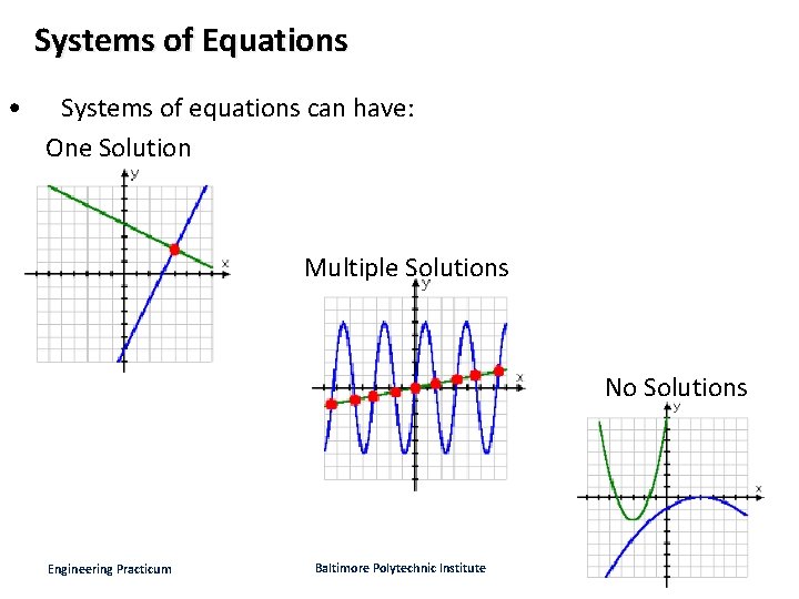 Systems of Equations • Systems of equations can have: One Solution Multiple Solutions No