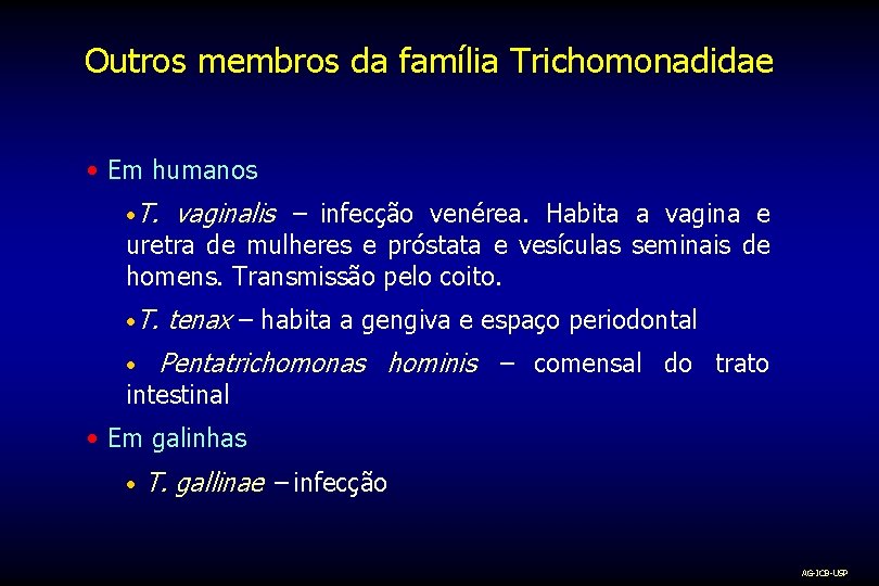 Outros membros da família Trichomonadidae • Em humanos • T. vaginalis – infecção venérea.