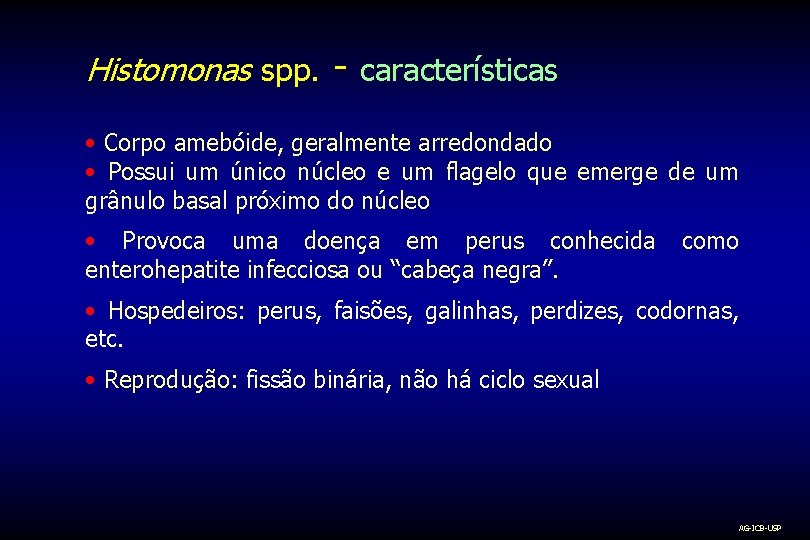 Histomonas spp. - características • Corpo amebóide, geralmente arredondado • Possui um único núcleo
