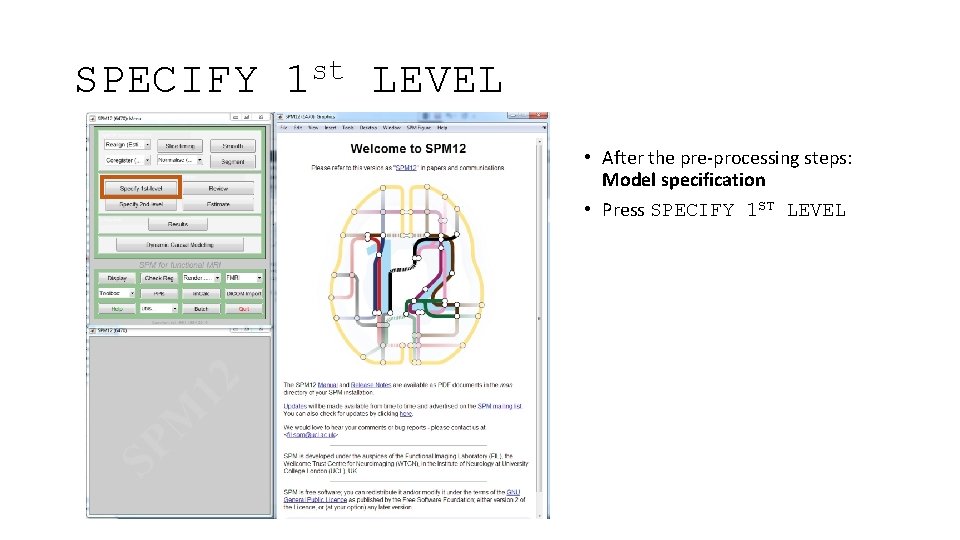SPECIFY st 1 LEVEL • After the pre-processing steps: Model specification • Press SPECIFY
