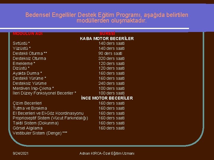 Bedensel Engelliler Destek Eğitim Programı, aşağıda belirtilen modüllerden oluşmaktadır. MODÜLÜN ADI SÜRESİ KABA MOTOR