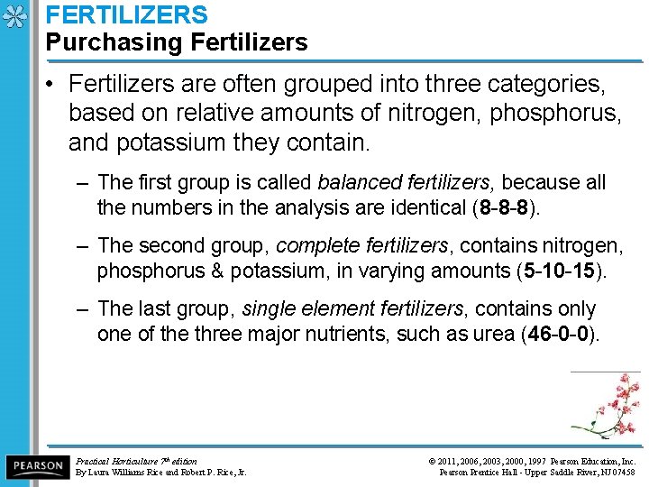 FERTILIZERS Purchasing Fertilizers • Fertilizers are often grouped into three categories, based on relative