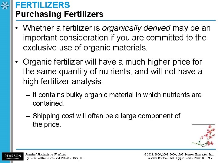 FERTILIZERS Purchasing Fertilizers • Whether a fertilizer is organically derived may be an important