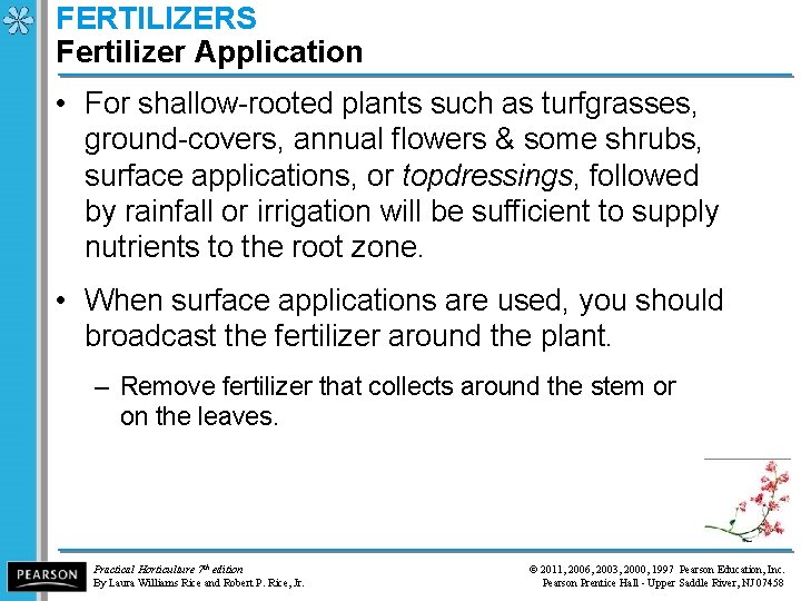 FERTILIZERS Fertilizer Application • For shallow-rooted plants such as turfgrasses, ground-covers, annual flowers &