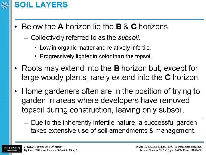 SOIL LAYERS • Below the A horizon lie the B & C horizons. –