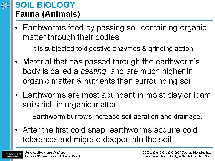 SOIL BIOLOGY Fauna (Animals) • Earthworms feed by passing soil containing organic matter through