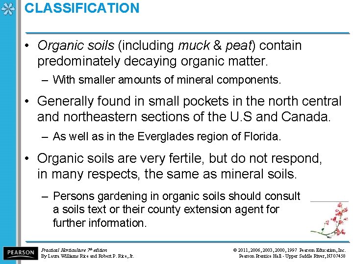 CLASSIFICATION • Organic soils (including muck & peat) contain predominately decaying organic matter. –