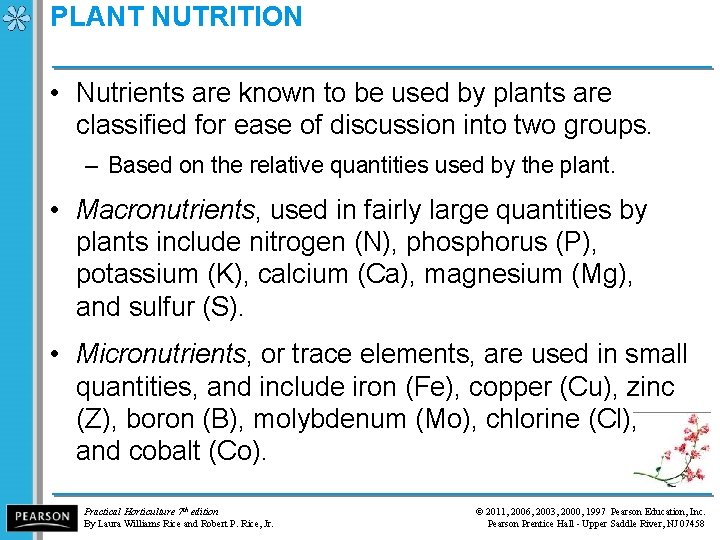 PLANT NUTRITION • Nutrients are known to be used by plants are classified for