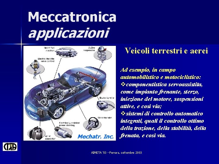 Meccatronica applicazioni Veicoli terrestri e aerei Mechatr. Inc. Ad esempio, in campo automobilistico e