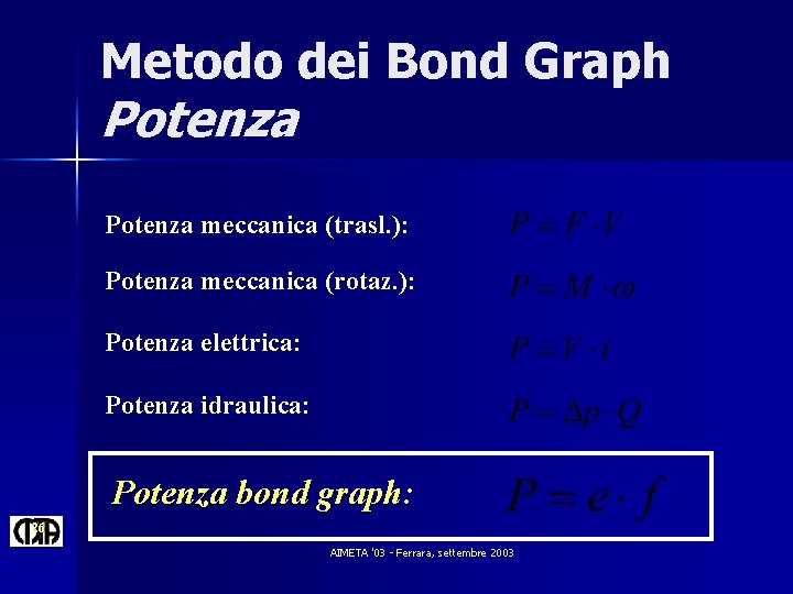 Metodo dei Bond Graph Potenza meccanica (trasl. ): Potenza meccanica (rotaz. ): Potenza elettrica: