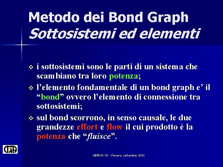 Metodo dei Bond Graph Sottosistemi ed elementi i sottosistemi sono le parti di un