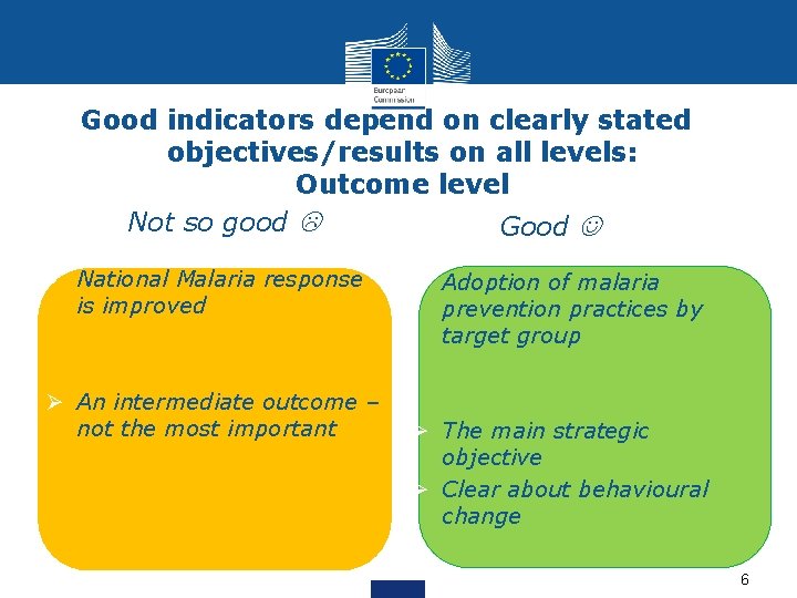 Good indicators depend on clearly stated objectives/results on all levels: Outcome level Not so
