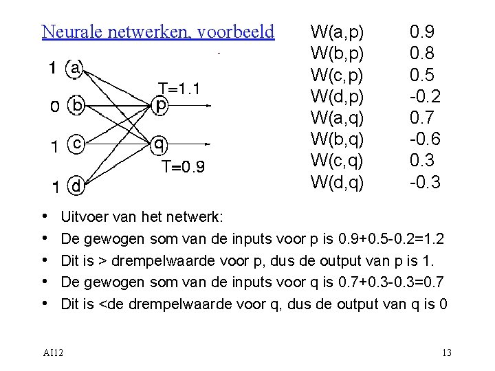 Neurale netwerken, voorbeeld • • • W(a, p) W(b, p) W(c, p) W(d, p)