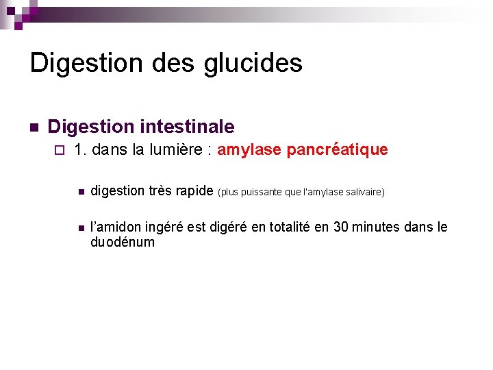 Digestion des glucides n Digestion intestinale ¨ 1. dans la lumière : amylase pancréatique