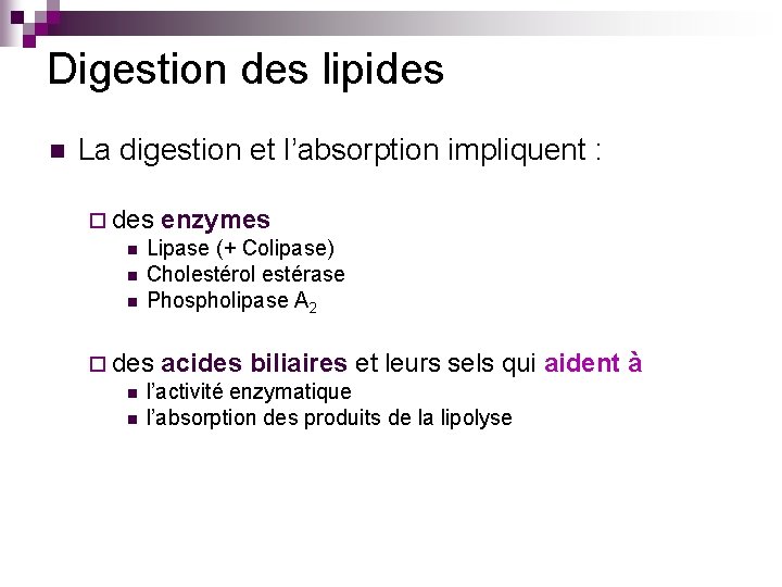 Digestion des lipides n La digestion et l’absorption impliquent : ¨ des enzymes n