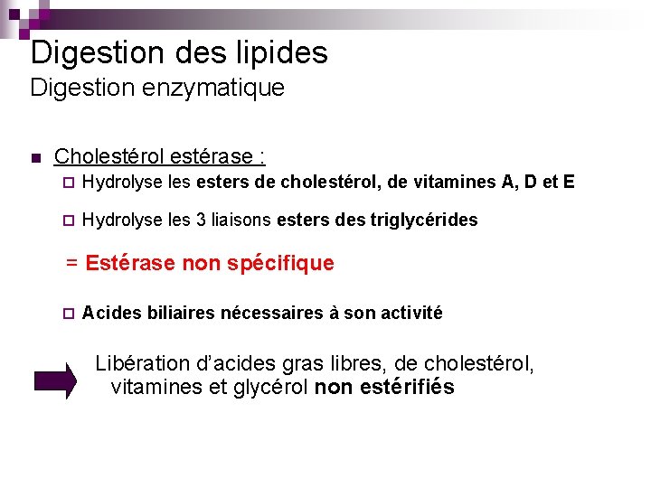 Digestion des lipides Digestion enzymatique n Cholestérol estérase : ¨ Hydrolyse les esters de