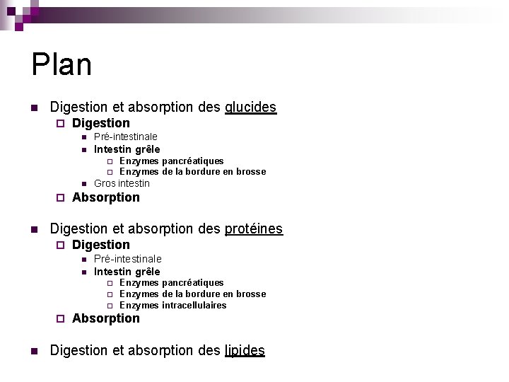 Plan n Digestion et absorption des glucides ¨ Digestion n Pré-intestinale n Intestin grêle