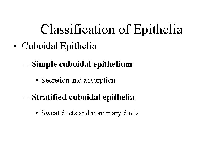 Classification of Epithelia • Cuboidal Epithelia – Simple cuboidal epithelium • Secretion and absorption