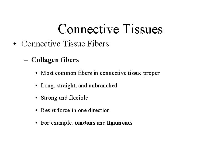 Connective Tissues • Connective Tissue Fibers – Collagen fibers • Most common fibers in