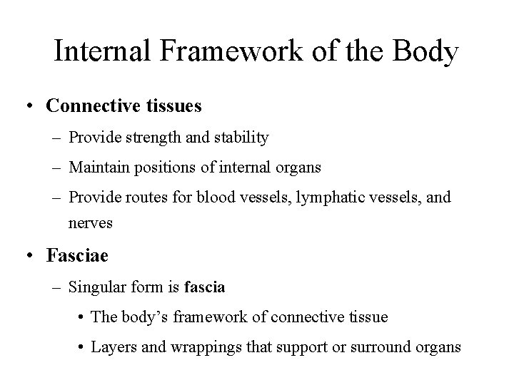 Internal Framework of the Body • Connective tissues – Provide strength and stability –