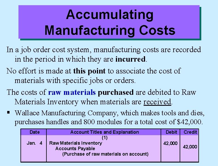 Accumulating Manufacturing Costs In a job order cost system, manufacturing costs are recorded in