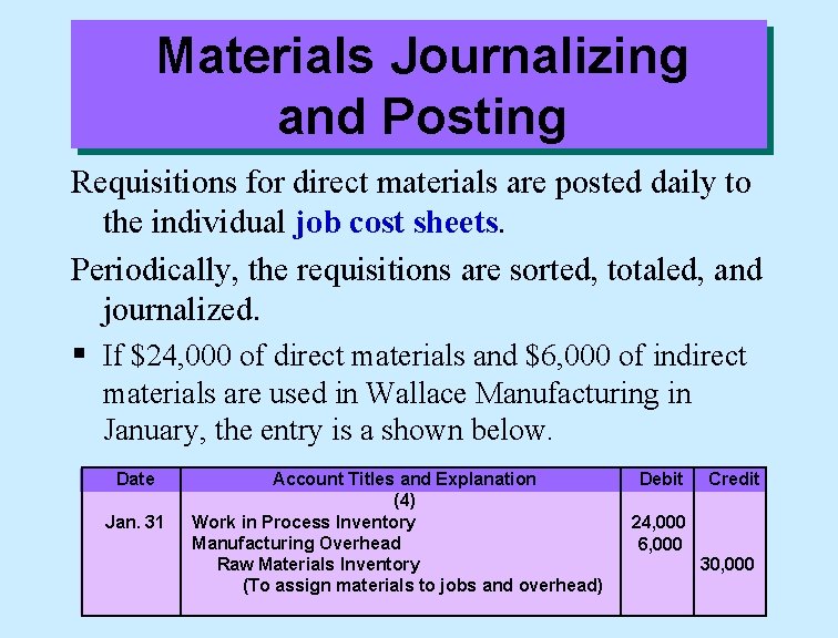 Materials Journalizing and Posting Requisitions for direct materials are posted daily to the individual