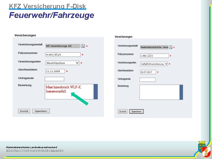 KFZ Versicherung F-Disk Feuerwehr/Fahrzeuge Maschinenbruch WLF-K Insassenunfall Niederösterreichischer Landesfeuerwehrverband Abschnittsfeuerwehrkommando 