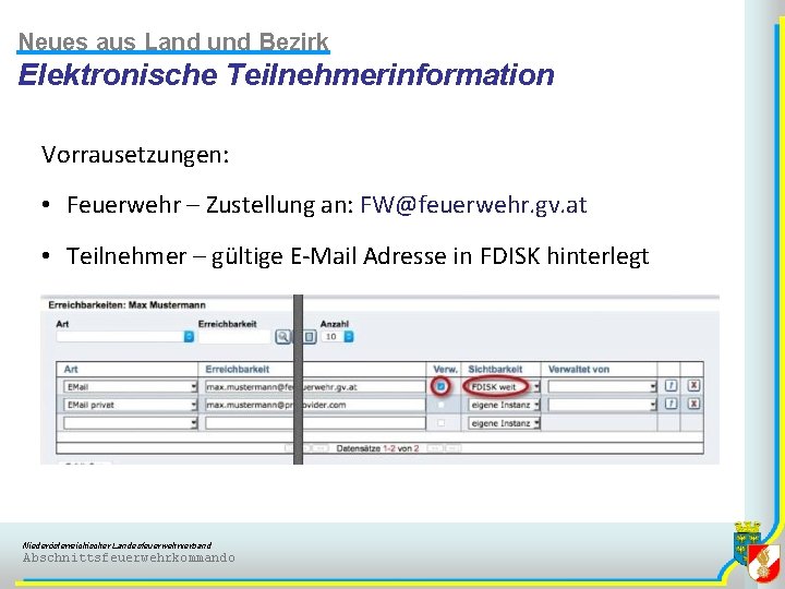 Neues aus Land und Bezirk Elektronische Teilnehmerinformation Vorrausetzungen: • Feuerwehr – Zustellung an: FW@feuerwehr.