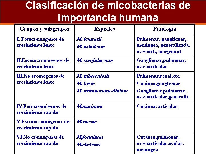 Clasificación de micobacterias de importancia humana Grupos y subgrupos Especies Patología I. Fotocromógenos de