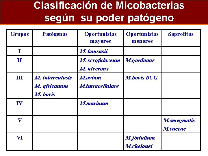 Clasificación de Micobacterias según su poder patógeno Grupos Patógenas Oportunistas mayores Oportunistas menores I