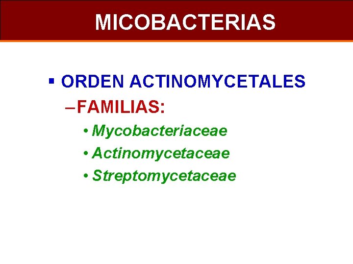 MICOBACTERIAS § ORDEN ACTINOMYCETALES – FAMILIAS: • Mycobacteriaceae • Actinomycetaceae • Streptomycetaceae 