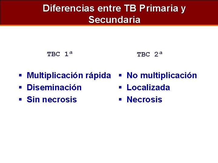 Diferencias entre TB Primaria y Secundaria TBC 1ª TBC 2ª § Multiplicación rápida §