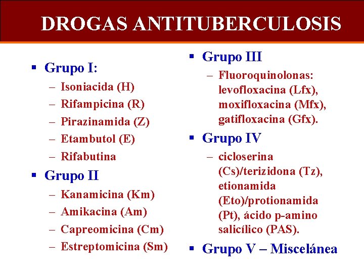 DROGAS ANTITUBERCULOSIS § Grupo I: – – – Isoniacida (H) Rifampicina (R) Pirazinamida (Z)
