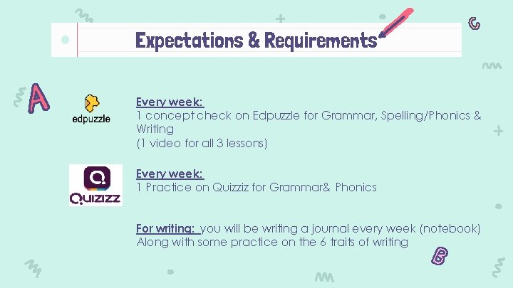 Expectations & Requirements Every week: 1 concept check on Edpuzzle for Grammar, Spelling/Phonics &