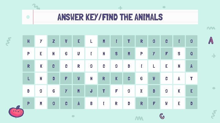 ANSWER KEY/FIND THE ANIMALS H Y Z V E L M I T R