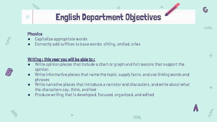 English Department Objectives Phonics ● Capitalize appropriate words ● Correctly add suffixes to base